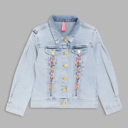 Blue Giraffe Girls Washed Crop Denim Jacket with Patchwork-image-3