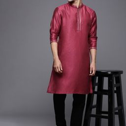 Indo Era Men Burgundy Mirror Work Kurta-image-3