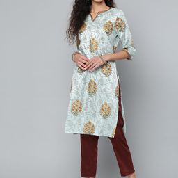 STREET 9 Women Green & Maroon Foil Print Kurta with Trousers-image-86