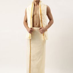 THANGAMAGAN Men Cream-Coloured Solid Mundu with Shawl-picture-6