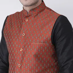 DEYANN Men Black & Rust Red Solid Kurta with Pyjamas & Nehru Jacket image 4