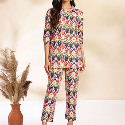 Janasya Women's Multicolor Cotton Ikat Printed Co-ords Set-29