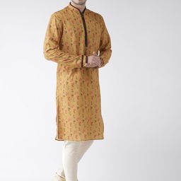 KISAH Men Mustard & Cream-Coloured Printed Kurta with Churidar image 5