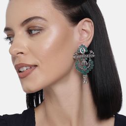 LAIDA Silver-Plated & Green Floral Oxidized Drop Earrings-image-6