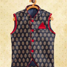 YK Boys Navy Blue Ethnic Motifs Slim-fit Nehru Jacket-39