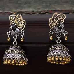 Sukkhi Rhodium-Plated Silver-Toned Peacock Shaped Jhumkas-image-65