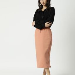 RAREISM Women Orange Solid Pencil Midi Skirt-image-43