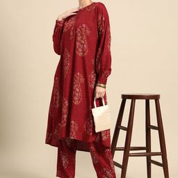 Anouk Women Paisley Printed Pleated High-Low Kurta with Trousers-16