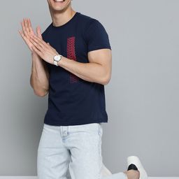 Mast & Harbour Men Navy Blue Typography Pure Cotton T-shirt-image-27