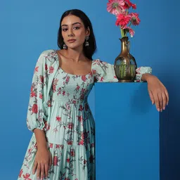 anayna Floral Printed Smocked Fit & Flare Maxi Dress-image-38