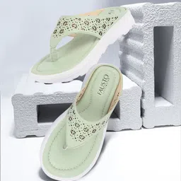 FAUSTO Women Green Open Toe Flats with Laser Cuts-picture-0