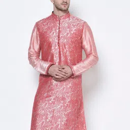 DEYANN Men Pink & Red Woven Design Kurta with Pyjamas image 2