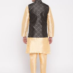 MAG Men Cream-Coloured & Charcoal Grey Solid Kurta with Churidar & Nehru Jacket image 5