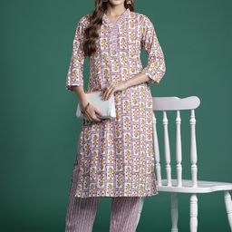 Indo Era Floral Printed Pure Cotton Kurta with Trousers-image-70