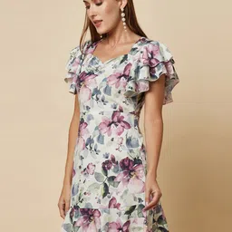 RAASSIO Floral Print Flutter Sleeve Fringed Crepe A-Line Dress image 2