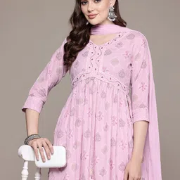 Readiprint Fashions Floral Printed High Slit Beads & Stones Pure Cotton Kurta Set-picture-5
