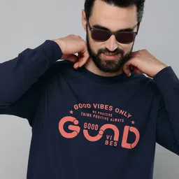 HERE&NOW Men Pure Cotton Navy Blue Typography Round Neck Sweatshirt-picture-39
