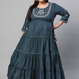Divena Women Teal Printed Mirror Work Indigo Anarkali Kurta-image-65