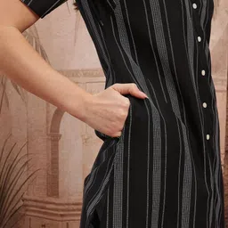 Sangria Vertical Stripes Cuban Collar Pure Cotton Front-Open A-Line Kurta with Side Slits image 4