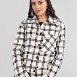 CHKOKKO White Wool Checks Full Sleeves Shacket-image-1