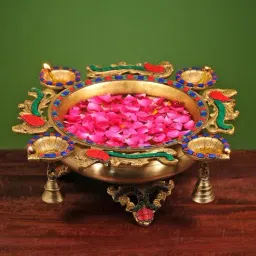 Ekaa Handicrafts Brass Peacock Urli Stand with 4 Diya holders Stonework-picture-15