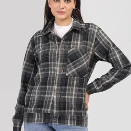 CHKOKKO Grey Wool Checks Full Sleeves Shacket-18