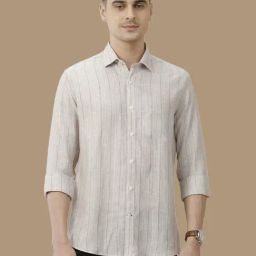 Linen Club Grey Linen Contemporary Fit Striped Shirt-image-99