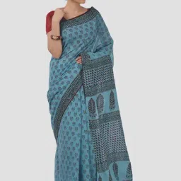 Kalakari India Blue Cotton Printed Saree With Unstitched Blouse-picture-41