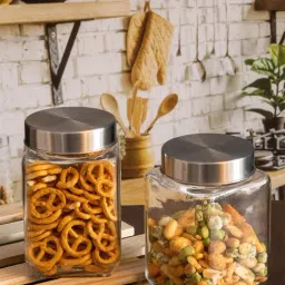 Roxx Transparent Glass Trigo Storage Jar with Lid - Set of 2-34