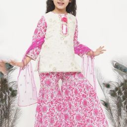 Little Bansi White & Pink Embroidered 1 Kurta, 1 Sharara & 1 Dupatta-image-29