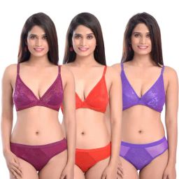 AROUSY Purple & Orange Self Pattern Bra Panty Set - Pack Of 3-image-82