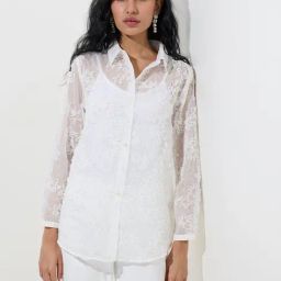 Vark by Westside White Floral Lace Design Shirt with Camisole Set-image-23
