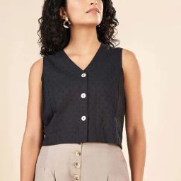 Akkriti by Pantaloons Jet Black Cotton Self Pattern Top-22