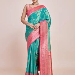 Monjolika Fashion Turquoise Woven Saree With Unstitched Blouse-picture-47