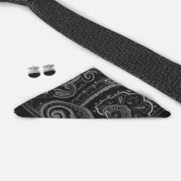 Louis Philippe Black Embroidered Tie Pocket Square & Cufflink Gift Set-picture-21
