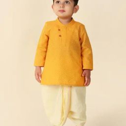 Fabindia Kids Yellow & Cream Self Design Full Sleeves Kurta with Dhoti-image-16