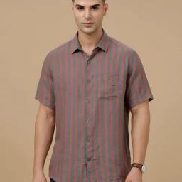 Linen Club Grey Linen Slim fit Stripes casual shirts-image-72