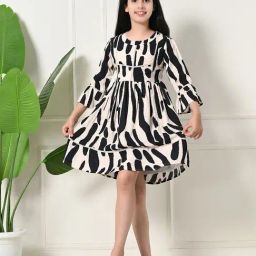 Bella Moda Girls Multicolor Cotton Three Fourth Bell Sleeves Abstract Printed Dress-picture-13