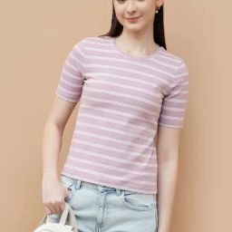 Fame Forever By Lifestyle Dusty Pink Cotton Regular Fit Striped T-Shirt-image-18