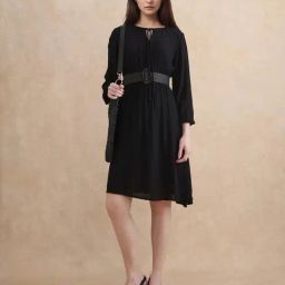 RAREISM Black Cotton Solid Long Sleeves Dress-image-40