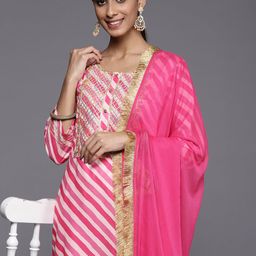 Varanga Women Fuchsia Striped Gotta Patti Kurta with Trousers & With Dupatta-image-129