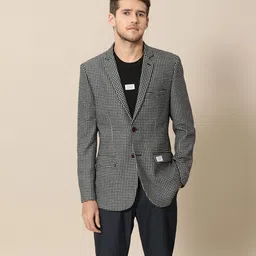 Mr Bowerbird Men Black & White Checked Tailored Fit Standard Single-Breasted Tweed Blazer-image-54