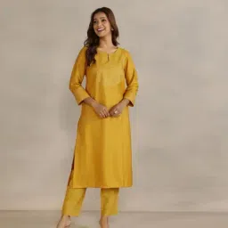Fabindia Mustard Viscose Silk Embroidered Long Kurta-picture-24