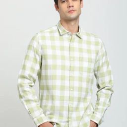 Turtle Light Olive Cotton Slim Fit Chequered Shirt-image-68