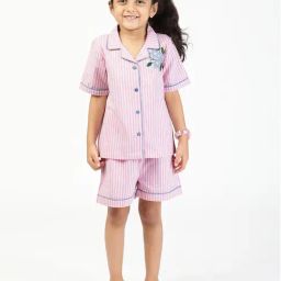 Budding Bees Kids Pink Striped Shirt with Shorts-image-12
