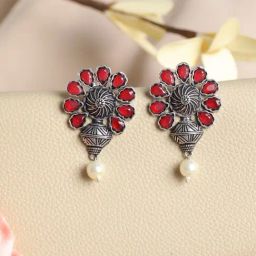 Priyaasi Red Floral Pearl Oxidized Earrings-99