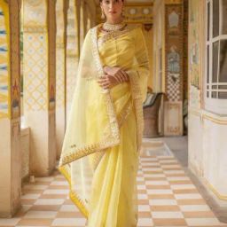Geroo Jaipur Yellow Handcrafted Gota Patti Organza Saree-image-89