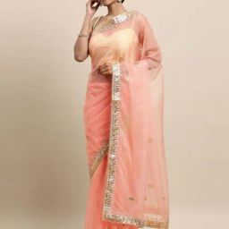 Geroo Jaipur Peach Handcrafted Gota Patti Organza Saree-image-51