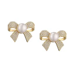 Celestique Cubic Zirconia & Pearls Studded Bow Shaped Studs image 5