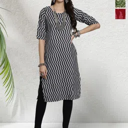 HERE&NOW Selection Of 2 Chevron Printed Round Neck Straight Kurtas-image-69